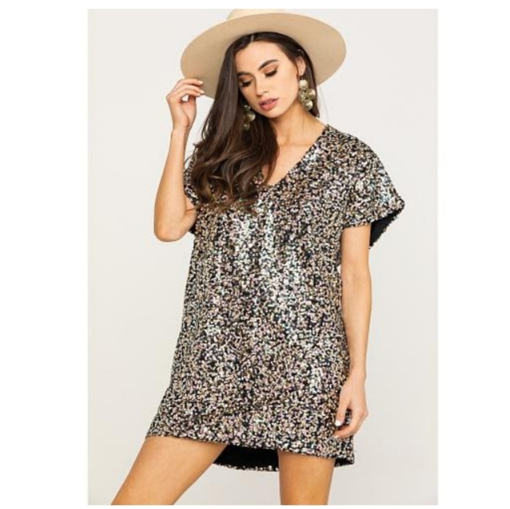 By Together Women's Gold & Silver Sequin Short Sleeve Mini Dress